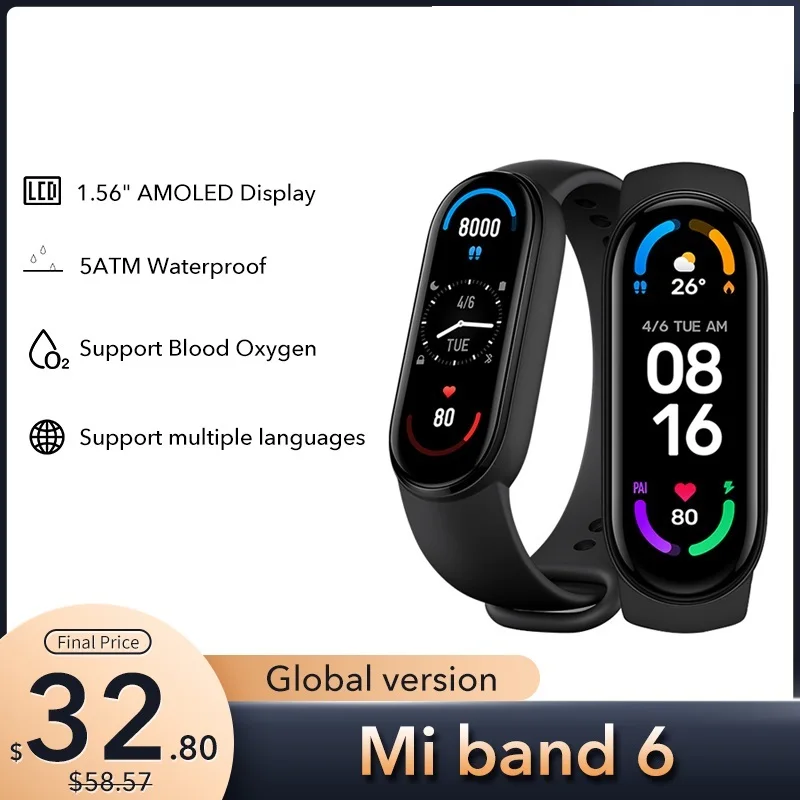

Top Global Version Band 6 Smart Bracelet 1.56"AMOLED Screen miBand 6 Heart Rate Fitness Traker Bluetooth 5 ATM Waterproof
