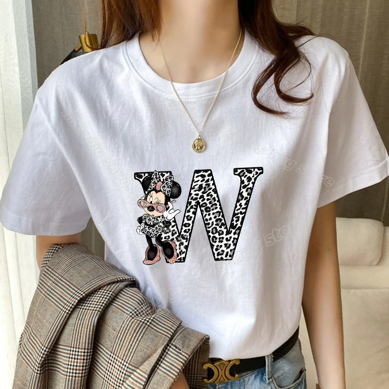 Футболка женская с буквами Минни Маус и алфавита повседневный топ коротким