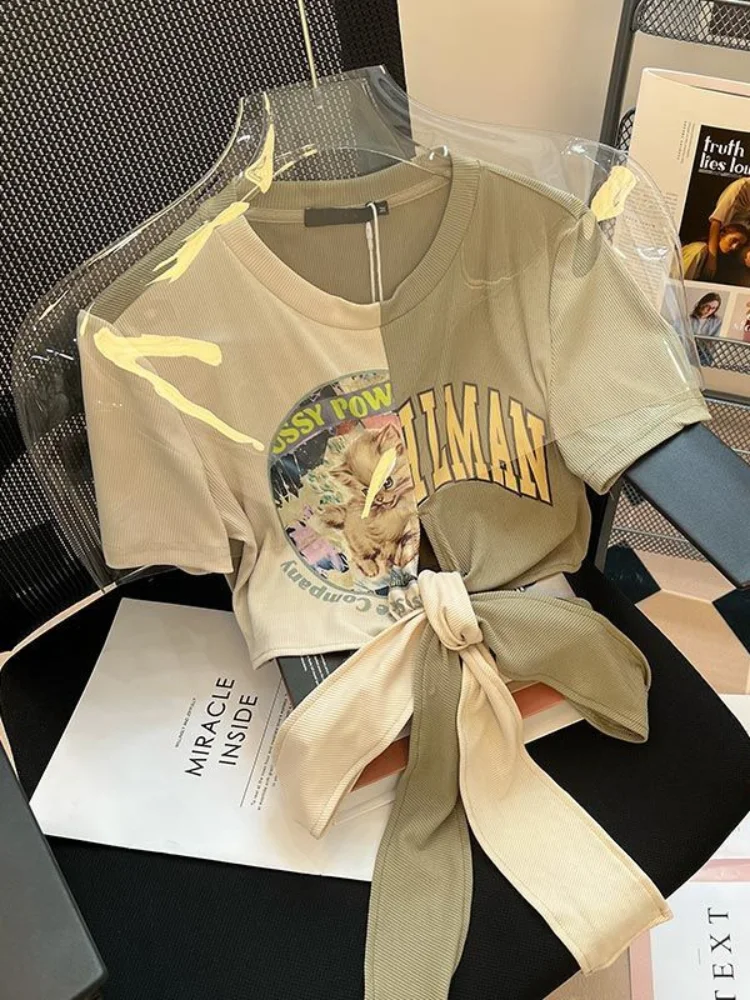 

Женский укороченный топ Hikigawa, модная футболка контрастных цветов с завязками и коротким рукавом, летний кроп-топ с буквенным принтом Y2k
