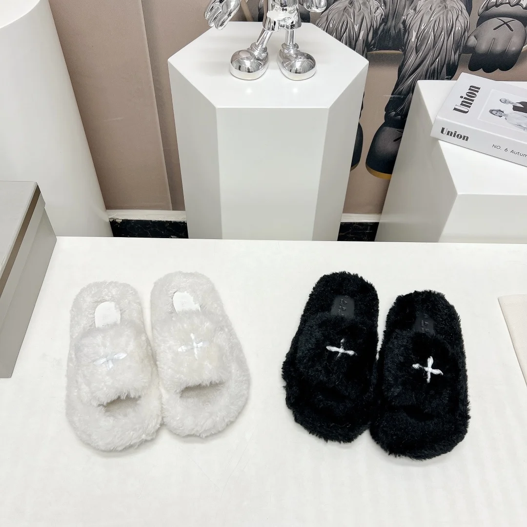 

Роскошные брендовые туфли Marni для женщин 23ss зимние пушистые тапочки Harajuku крест твердая шерсть теплая обувь для дома толстые женские Тапочки
