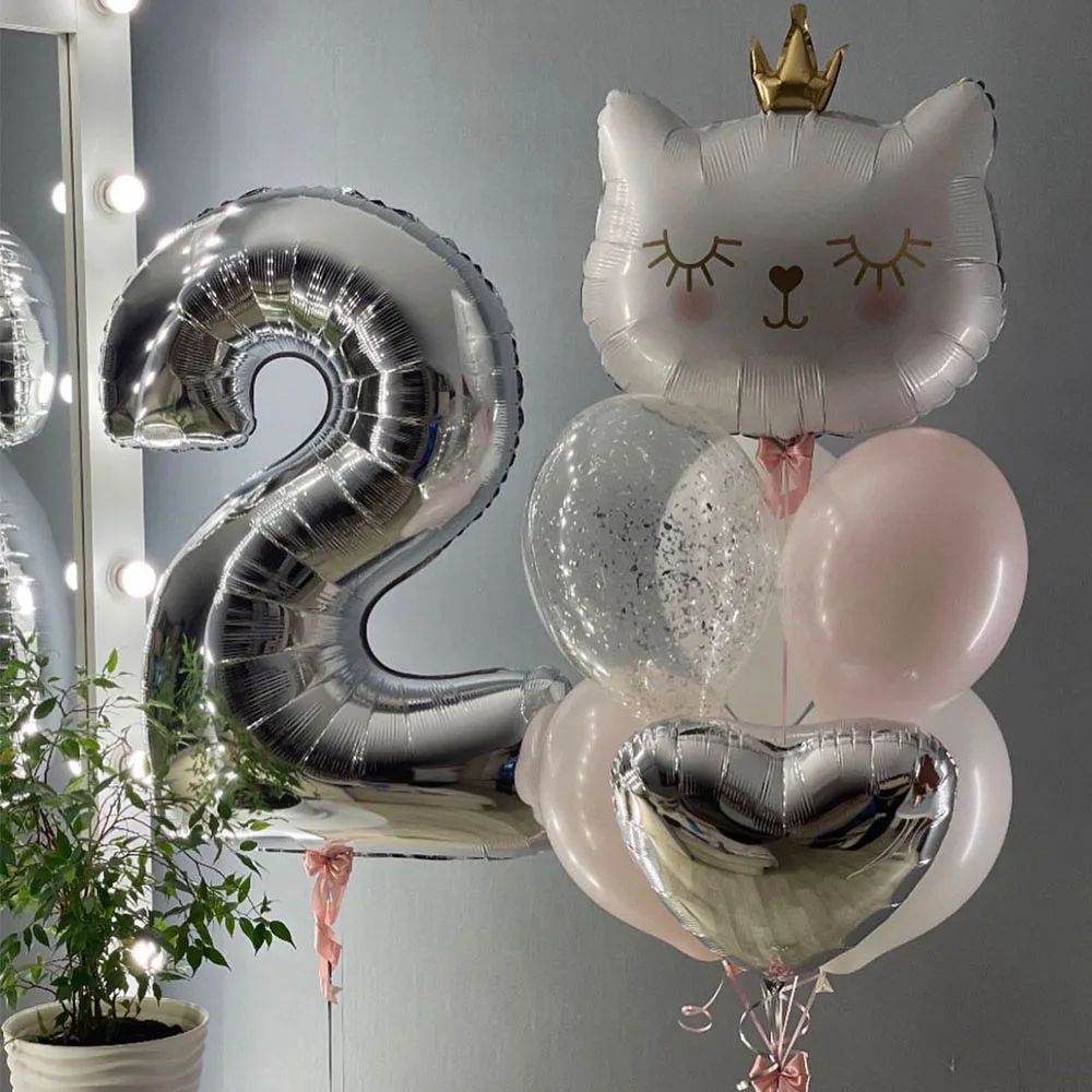 

9Pcs White Crown Cat Helium Balloons Set Cartoon Animal Globos Wedding Happy Birthday Party Decorations Kids Baby Shower Gifts