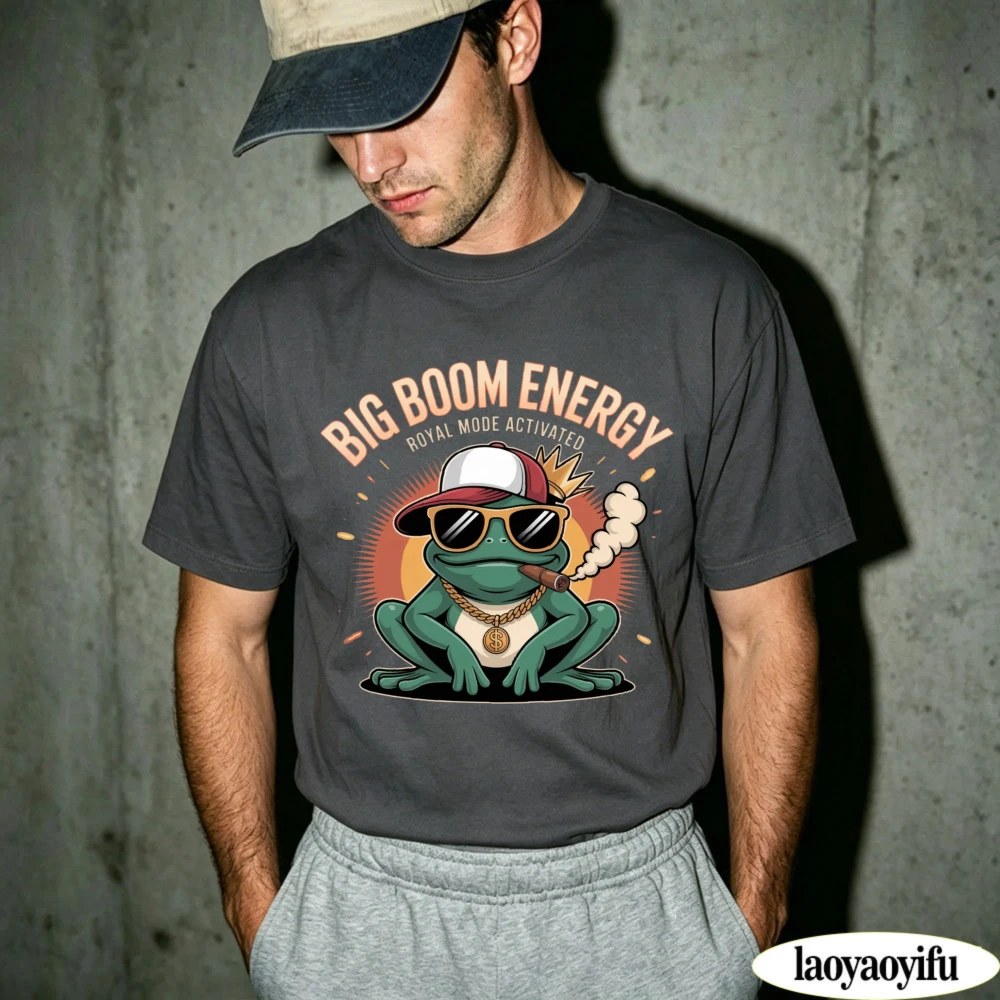 Фото Футболка с графическим принтом Big Boom Energy Cool Gangster Frog, хлопковая повседневная футболка, забавные топы в стиле хип-хоп с животными, подарок для любителей лягушек №1