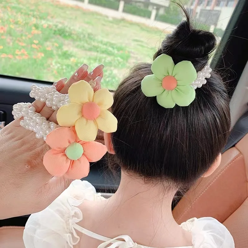 

Резинка женская с искусственным жемчугом, милый эластичный головной убор в Корейском стиле, в форме цветка, аксессуар для волос