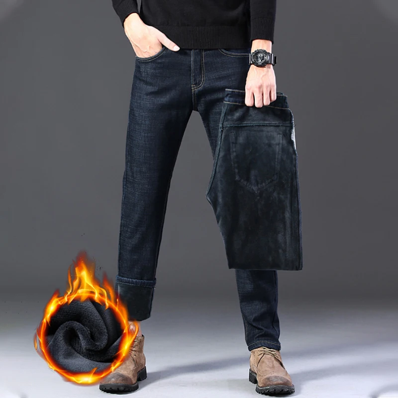 2022 Winter New Men's Warm Jeans Balck Fashion Business Thicken Denim Trouser Blue Stretch Slim Fleece Jeans Man