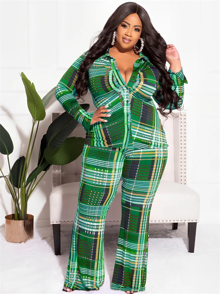 Plus Size Two Piece Set Women Plaid Shirts Tops Pants Bodycon Stretch Fall Fashion Matching Suit Whole 3xl 4xl 5xl 6xl