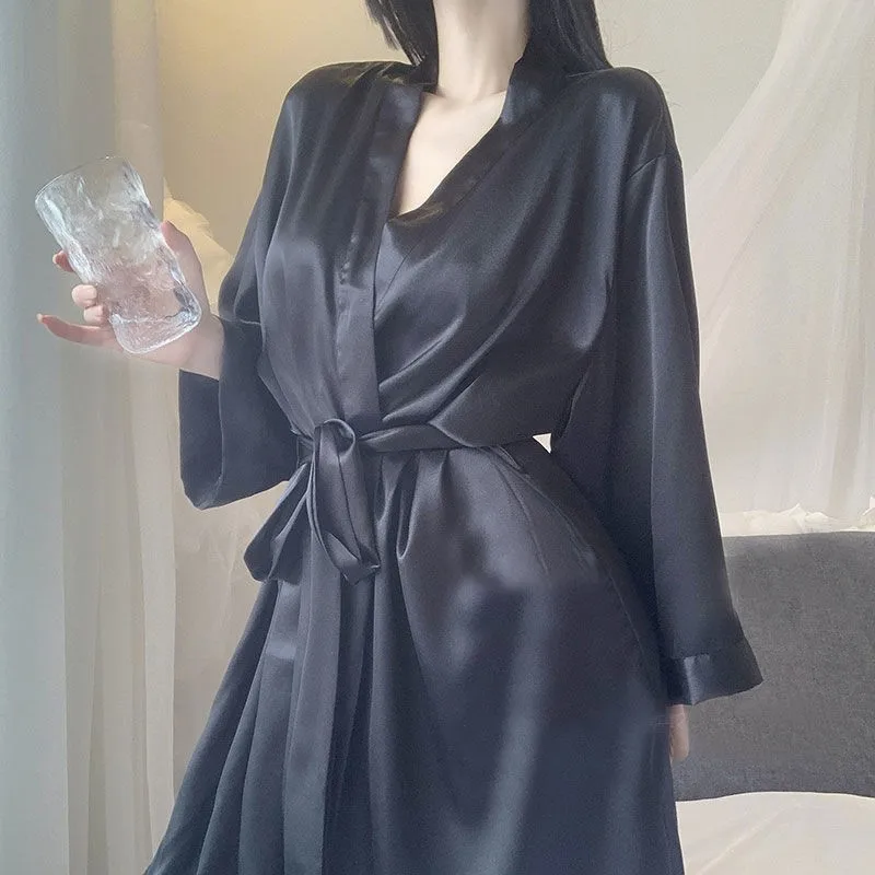 Satin Nightgown Ice silk Lady Sexy Solid Color Sweet Loose Pajamas  Women's Nightgown Smooth Robe Fashion Nightshirt
