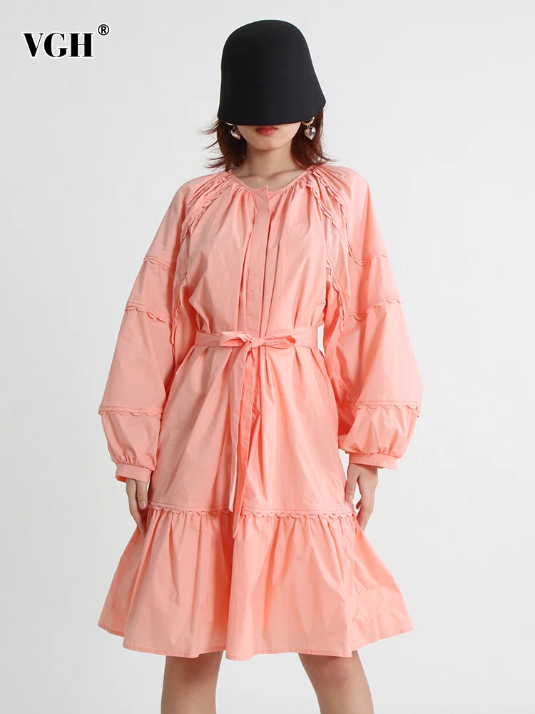 

Женское платье с круглым вырезом VGH, свободное платье с рукавами-фонариками, высокой талией, со складками и шнуровкой, 2022