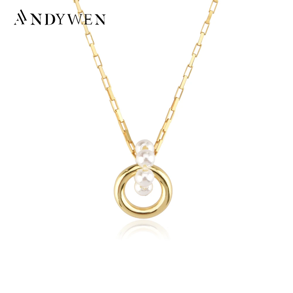 

ANDYWEN 925 Sterling Silver Gold Pearl Circle Pendant Choker Horoscope Chain Women Necklace 2021 Women Wedding Jewelry Gift