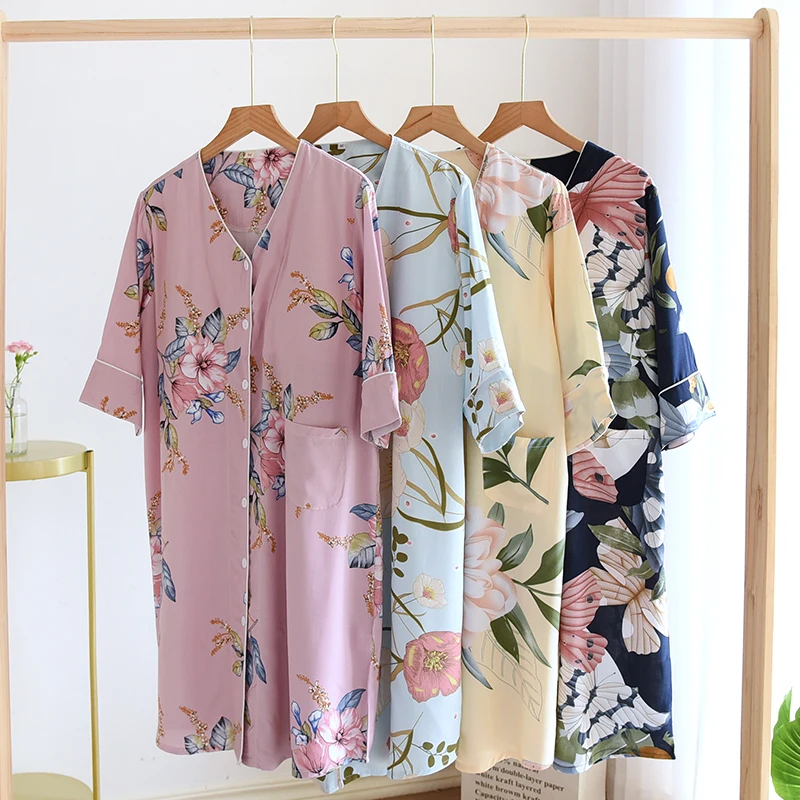 Summer Short-Sleeved Nightdress with Chest Pad Women's Cotton Silk Bra-Free Loose Artificial Cotton Long Dress Pajamas