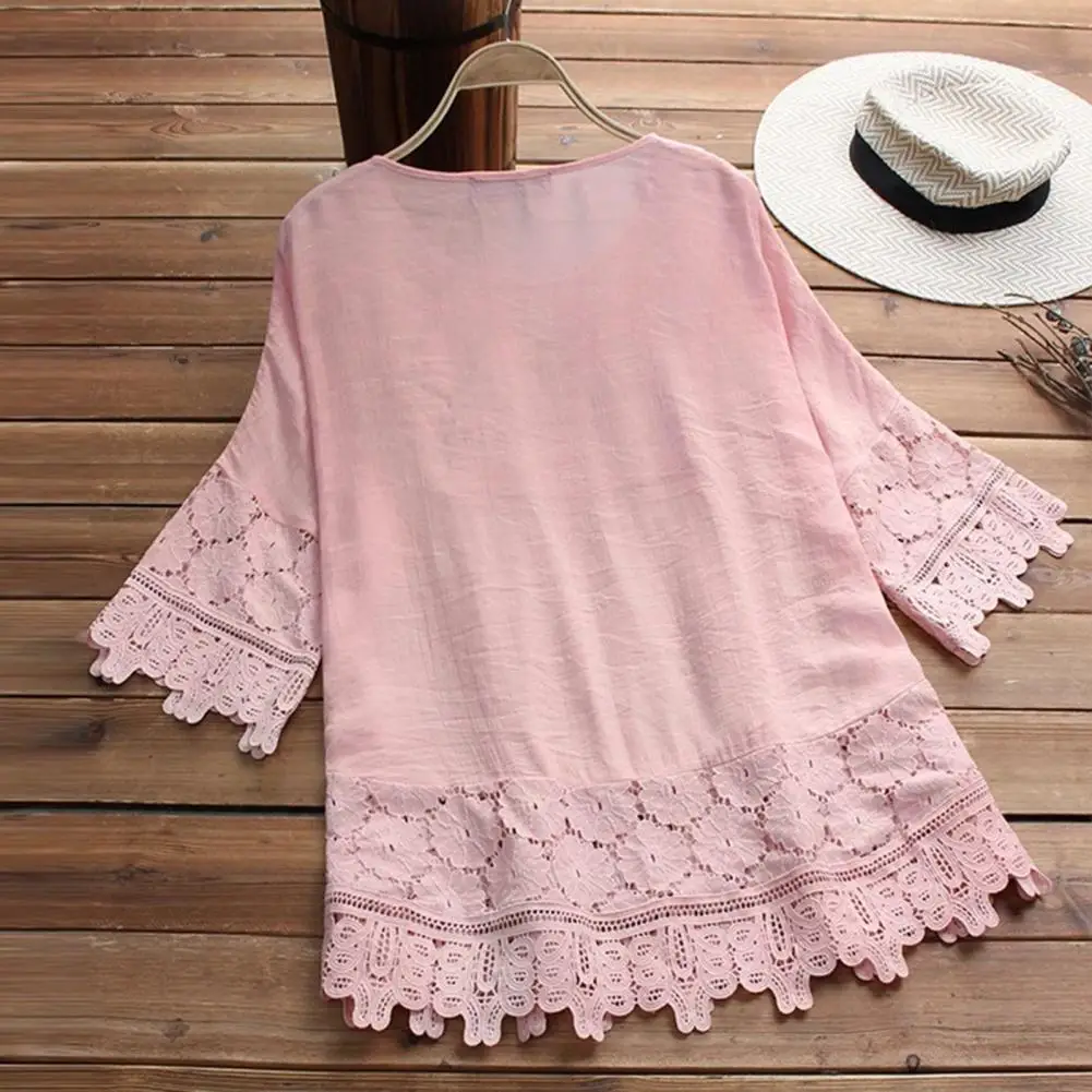 

Trendy Crochet Embroidery Lace Splicing Flower Decor Summer Shirt Pullover Shirt Anti-Pilling Lightweight