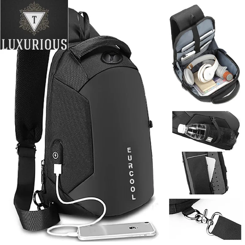 

Multifunctional Men Waterproof PVC Bags 2023 Fashion Business Crossbody Bag Male Trend Travel Storage Chest Packs With USB