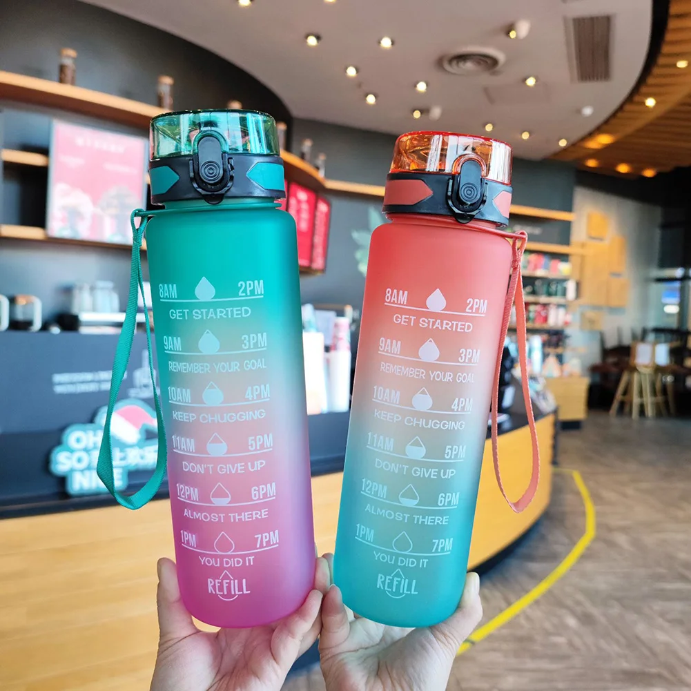 

1L 2L Portable Large-Capacity Water Bottle Time Marker Leak-Proof BPA Frosted Cup For Outdoor Sports Drinking Bottle With Straw