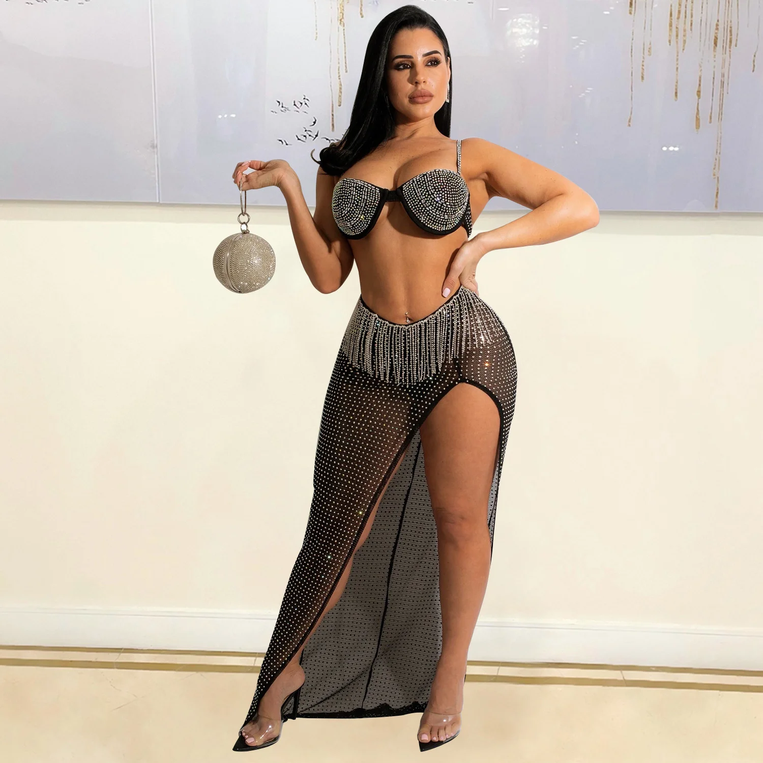 

Summer Mesh Party Women Set Backless Crop Top High Split Skirt Sexy Nightclub Mesh Hot Drill Tassel Dress 2 Pieces For Woman