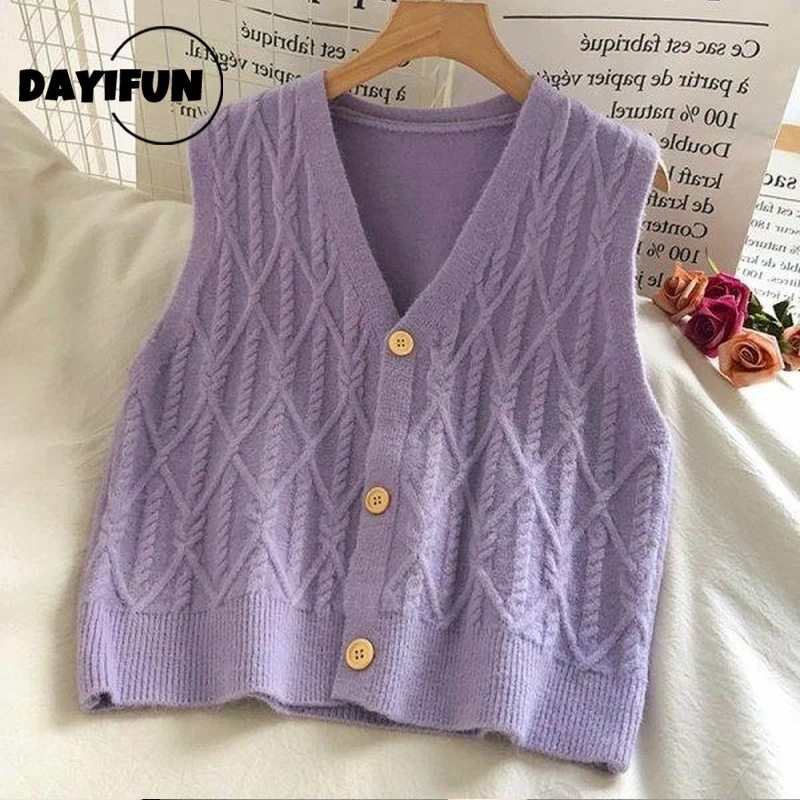 

DAYIFUN Women Knitted Vests V-neck Sleeveless Button Sweaters Cardigans Ladies Tops Autumn Sweater Solid Waistcoat Outwear Tanks