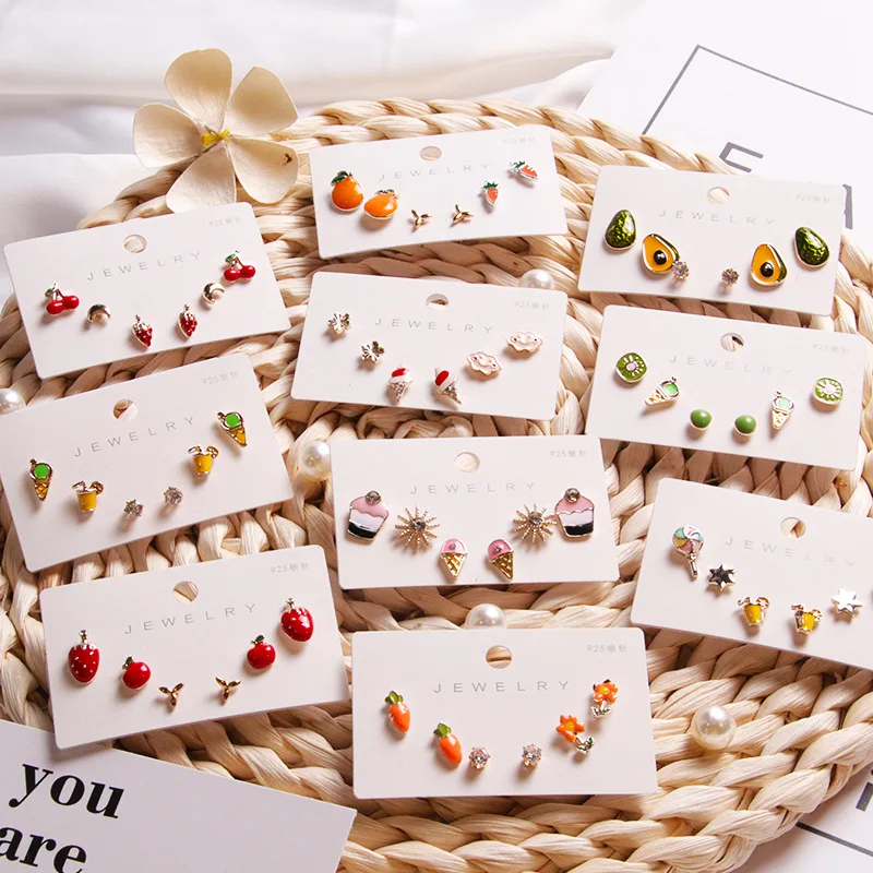 

Cute Fruit flower Stud Ear Earrings for Women Girls Fashion Mini Heart strawberry Earrings Set Candy Color Jewelry Party Gifts