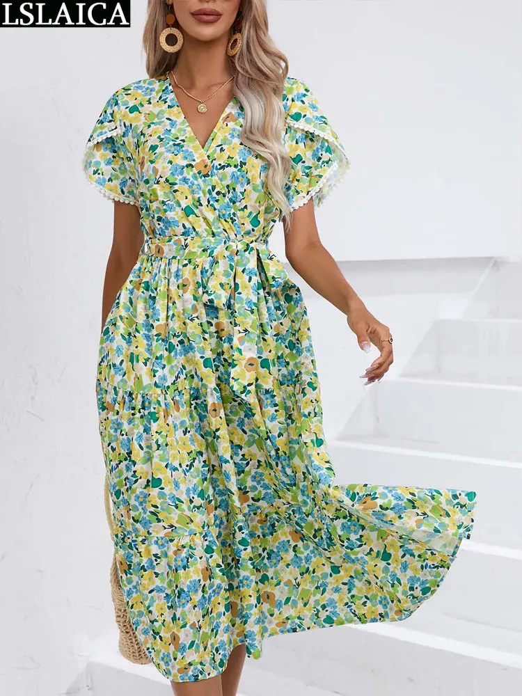 

Beach Cheap Dresses With Free Shipping Summer Mini Dress Short Sleeve Gala Bandage Prom Clothes V Neck Women's 2023 Floral Print