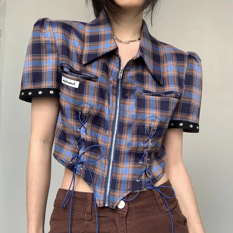 Fashion Harajuku Plaid Shirt Zipper Short Sleeve Crop Top Women Blusas Mujer De Moda 2023 Verano Womens Tops