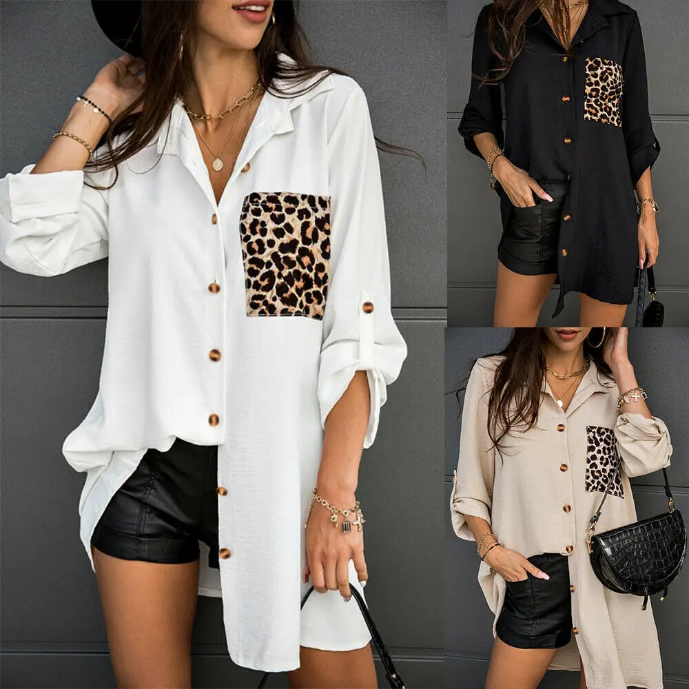 

Top Women's Loose Leopard Pattern Pocket Panel Roll Sleeve Shirt Mid length Casual