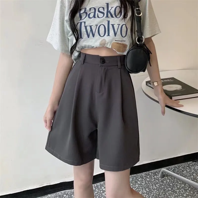 High Waisted Wide Leg Suits Shorts Womens Summer Office Lady Casual Loose Shorts for Women Solid Black Knee Length Baggy Shorts