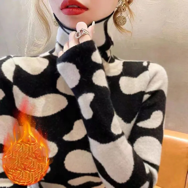 

Slim Fashion Turtleneck Polka Dot Tops Women's Clothing 2022 New Autumn Winter Casual All-match Long Sleeve Thick T-shirt Female