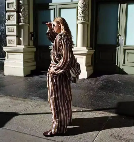 2023 New Hit the Color Striped Women Casual Ramie Shirt Dress or Long Wide Leg Pants