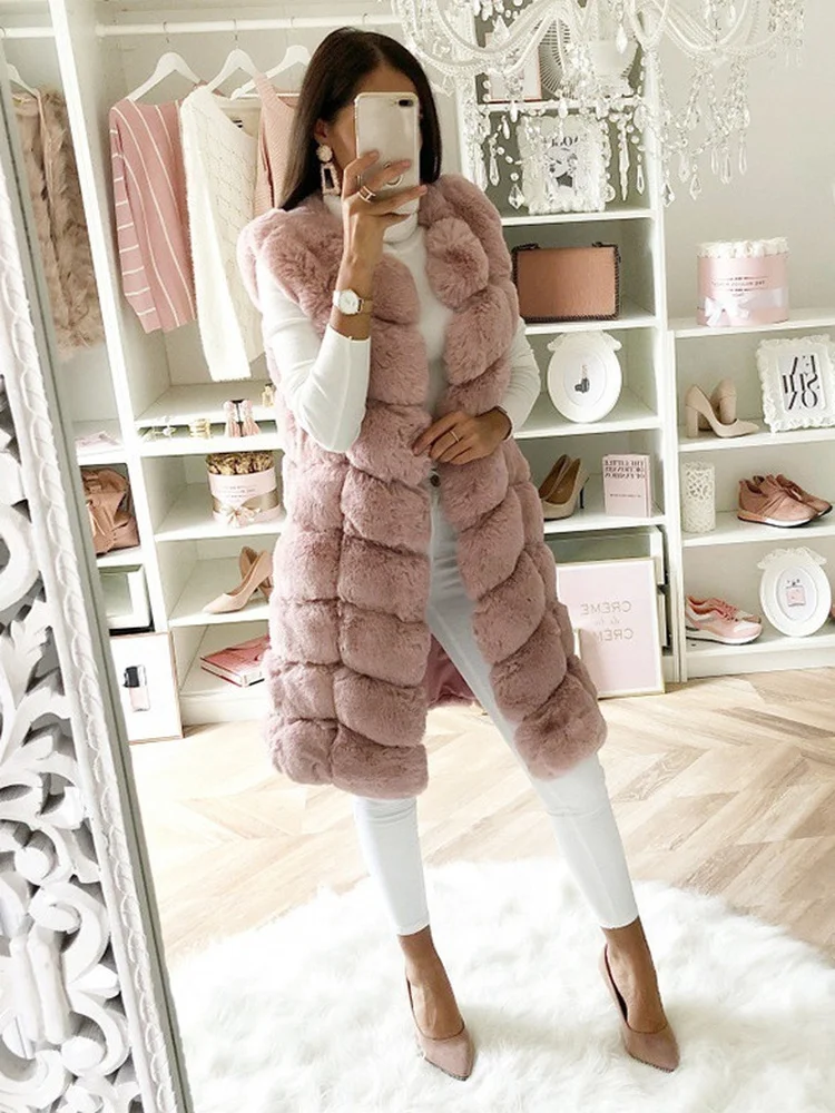 Autumn Winter Fashion Luxury Warm Sleeveless Faux Fur Coat Women 2022Casual O-neck Long Fur Vest Elegant Ladies Office Waistcoat