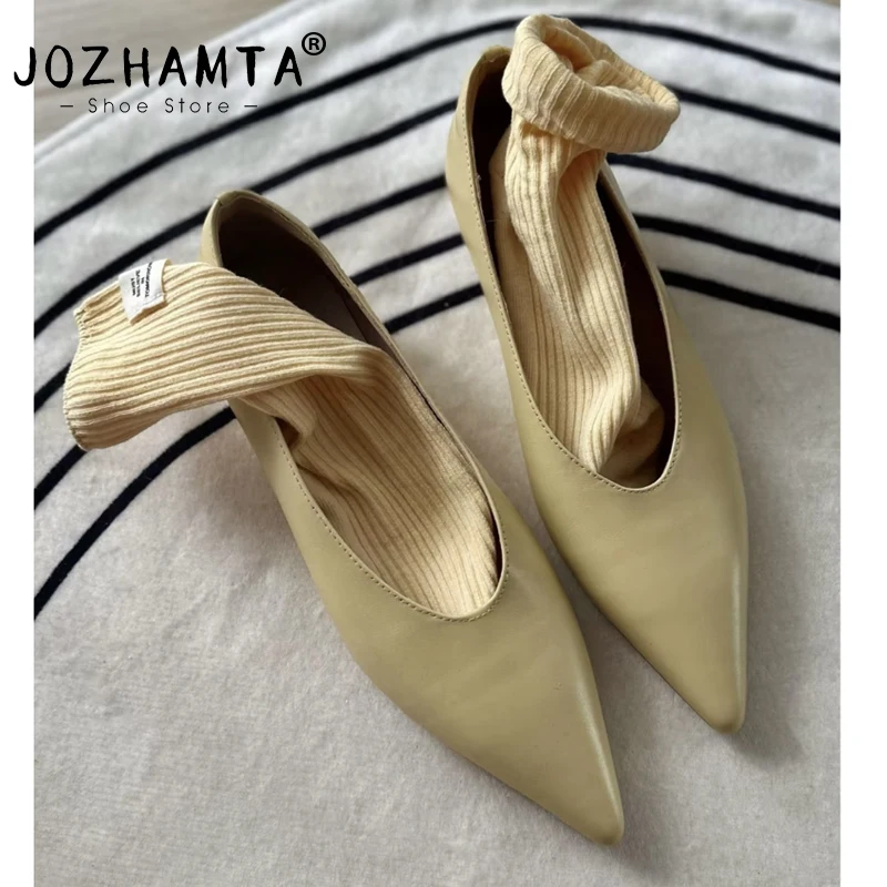 Фото JOZHAMTA, размеры 34-43, модные женские туфли на высоком каблуке, новинка, из натуральной кожи, для вечеринок, летние, осенние, с острым носком, на танкетке №1