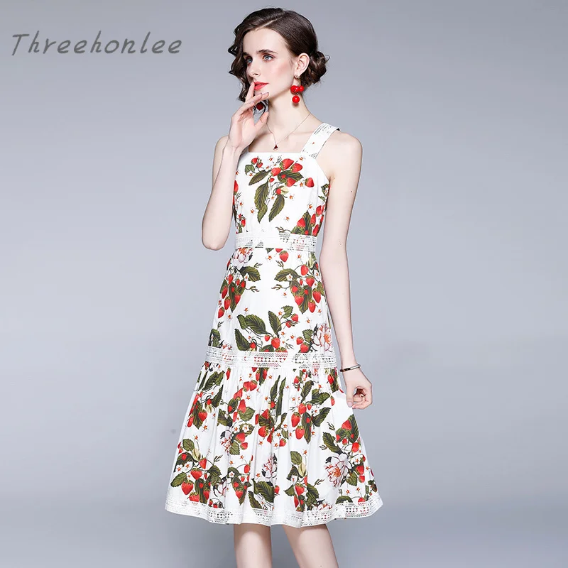 

Summer Lace Strawberry Print Suspender Dress Fashion Temperament Comfortable One Line Neck Sleeveless Skirt Women's Clothing