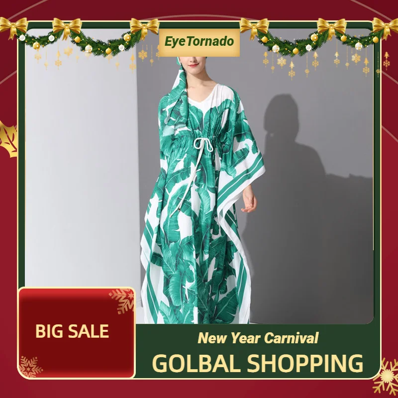 

Женское длинное платье с принтом листьев, модельное повседневное свободное платье макси в богемном стиле с завязками и рукавом «летучая мы...