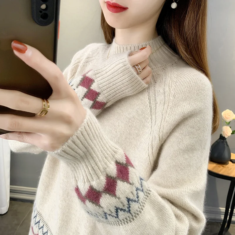

Sweater Woman Loose Outer Wear Autumn Top New Model Age-reducing Jacquard Semi-high Neck Knitted Bottoms Women's Foreign Style