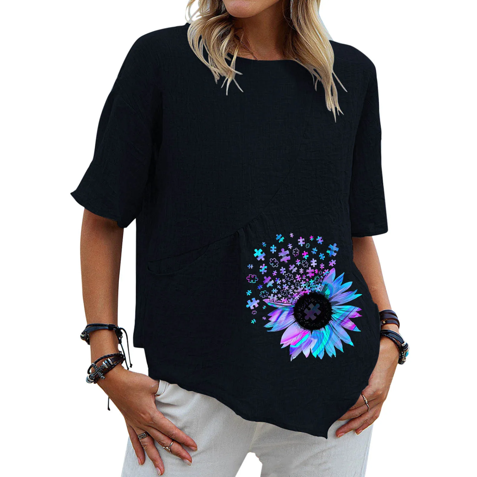 

Блузка женская с круглым вырезом, блузка из хлопка и льна с коротким рукавом, свободного кроя, Повседневная Базовая одежда, лето