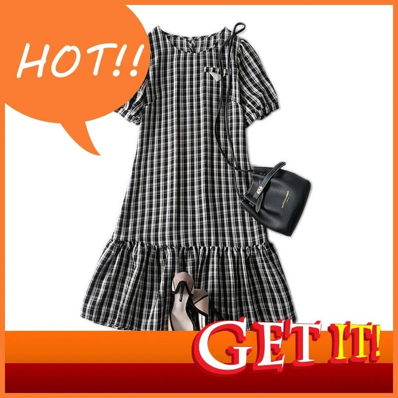 

Женская одежда, Новинка лета 2023, свободные стильные черно-белые клетчатые шифоновые женские платья в Корейском стиле с круглым вырезом и ко...