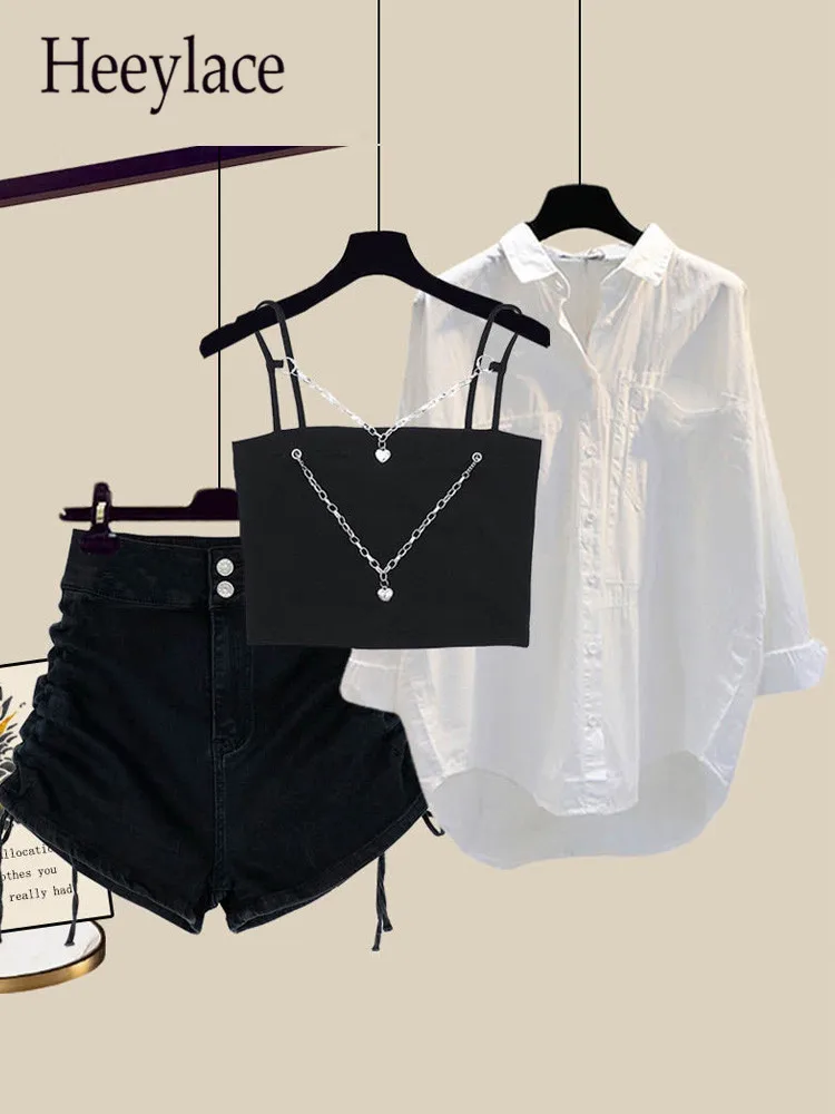 Women Summer Sets Streetwear Gothic Chain Vest+white Sunscreen Blouse+denim Shorts 3 Pieces Set For Women Y2k Outfits 2022 Sets