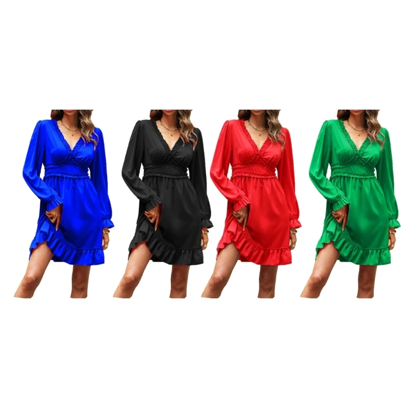 

Женское однотонное ТРАПЕЦИЕВИДНОЕ ПЛАТЬЕ С Глубоким V-образным вырезом, пышными длинными рукавами и оборками