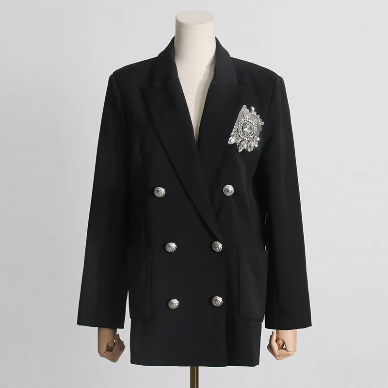 

Женский блейзер со стразами, роскошный черный и белый пиджак с V-образным вырезом, двубортный приталенный пиджак, модель 2023