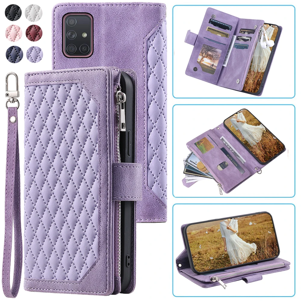 

Модный чехол-кошелек на молнии для Samsung A71, флип-чехол с несколькими отделениями для карт, чехол для телефона, чехол-книжка с кармашком для карт и ремешком на запястье