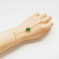 retro style india bridal green stone oval shape stainless steel 18k chain slave hanchains bracelet with ring