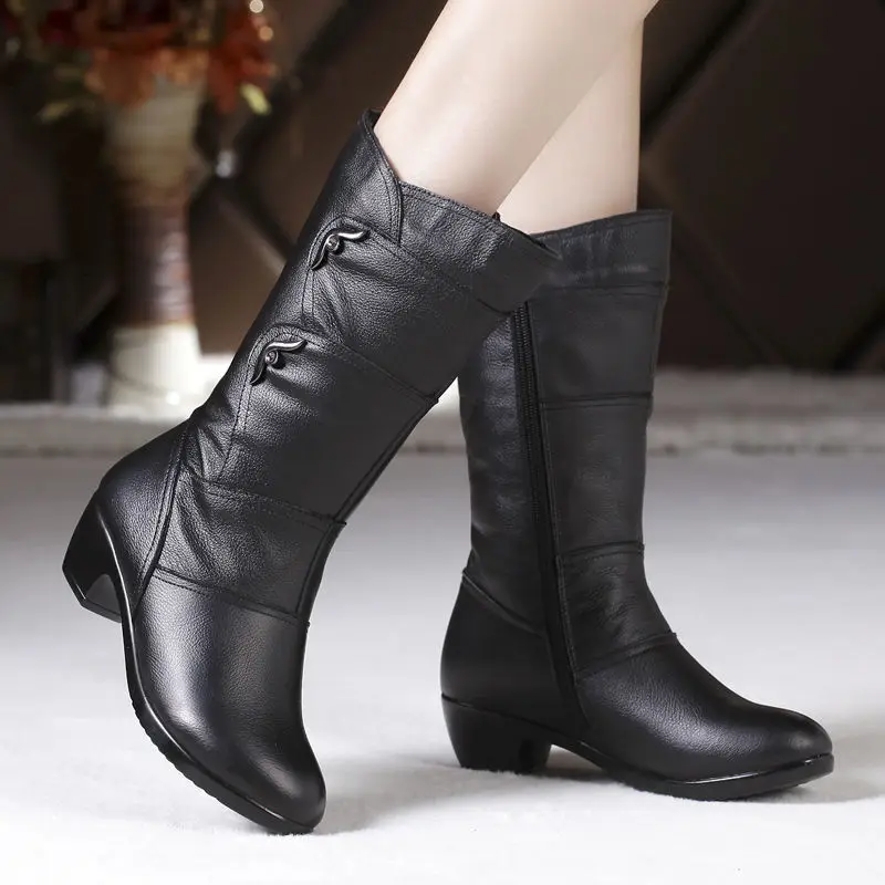Fashion Middle Boots Winter Women's Korean Style Low Heel Solid Color Fleece Warm Plus Size Outdoor Anti-Skid Boots Botte Femme