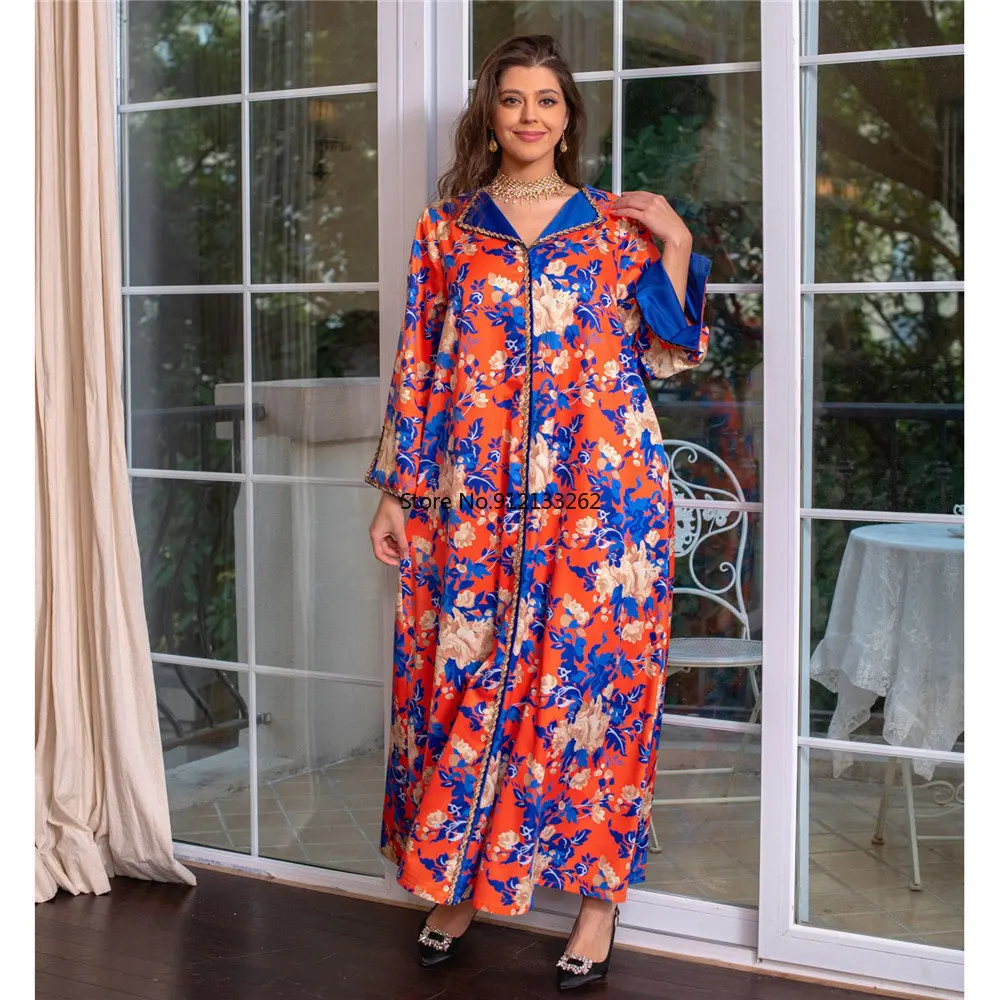 Dubai Abaya Luxury For Muslim Women Diamonds V-Neck Long Dresses Elegant Casual Floral Print 2023 Spring Maxi Dress Wear Ramadan