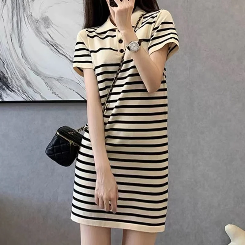 

Polo Collar Woman Dress Sweater Knitting Striped Patchwork A-LINE Mini Dresses Summer Button Casual French Style Women Clothing