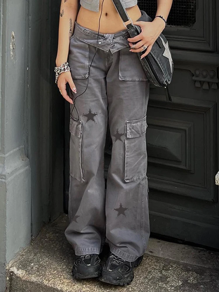 

Geometric Graphic Cargo Pants Women Streetwear Vintage Low Waist Baggy Straight Denim Trouser Girls Hip Hop Y2k Straight Pants