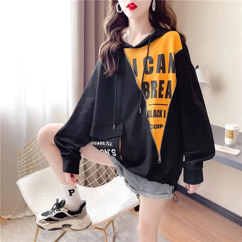

Women Clothes Spring Fall Hooded Korean Loose Medium-length Hoodie Letter Print Color Matching Sweatshirt Female Tops Ropa Mujer