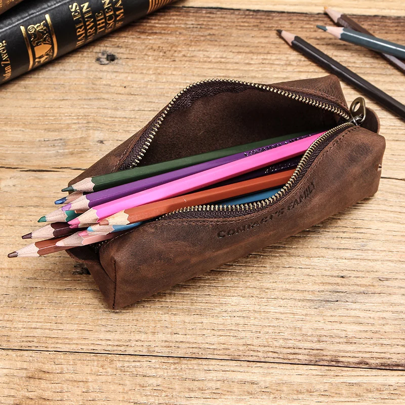 

Genuine Luxury Cowhide Leather Pen Case Vintage Mini Coin Purse Casual Pencil Cases Retro Glasses Portable Spectacle Pouch