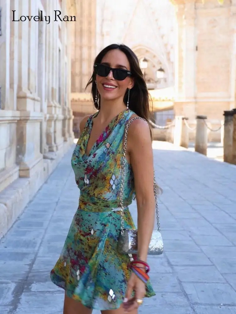 

Fashion Print Hollow Out Halter Dress For Women Sexy V Neck Sleeveless Mini Dresses 2023 Summer Elegant Female Beach Vestido