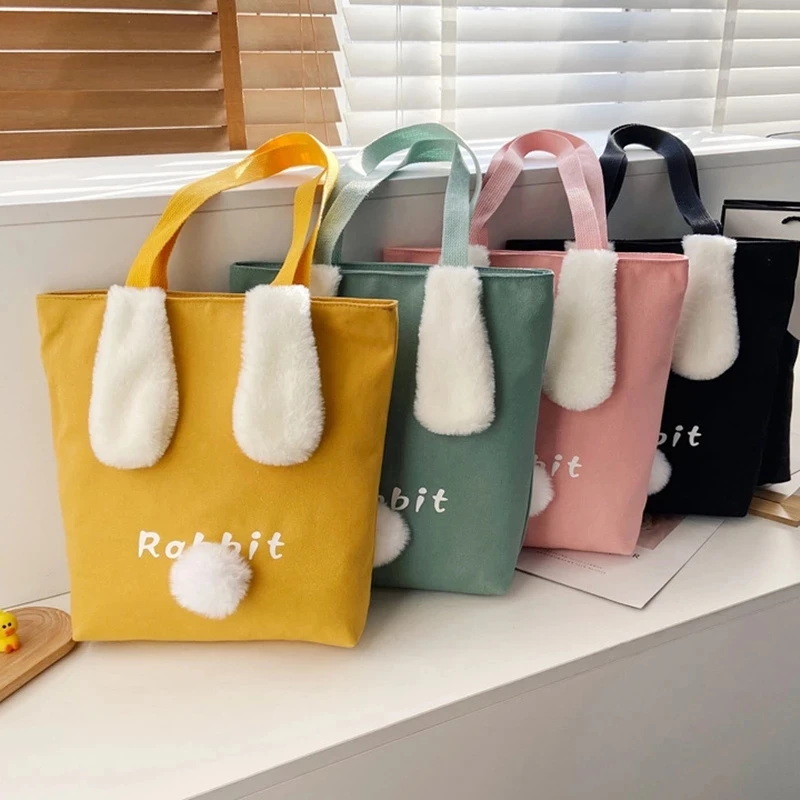 

Women Canvas Shoulder Bag Cartoon Plush Rabbit Ears Tote Female Large Capacity Handbags Grocery Soft Storage Bags Dropshipping
