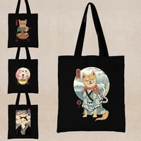 kawaii cat print shopping women tote bag y2k student shoulder bag casual shopper bag fashion all match canvas daily use handbags