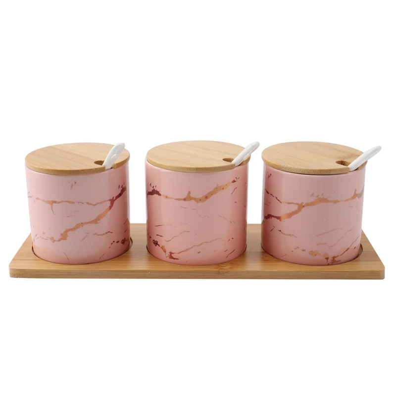 

Лидер продаж, простой персиковый розовый керамический семейный набор, Коробка Для Приправ Для ресторана с крышкой и ложкой, подарочный набо...