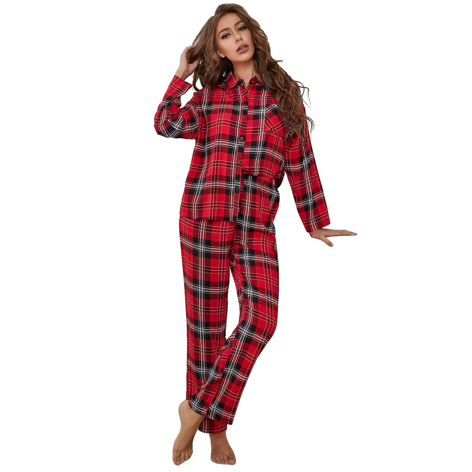 Women's Pajamas Set Christmas Winter Red Plaid Pyjamas For Lady Long-Sleeve Nightwear Sleepwear Home Clothing Designer Pjs