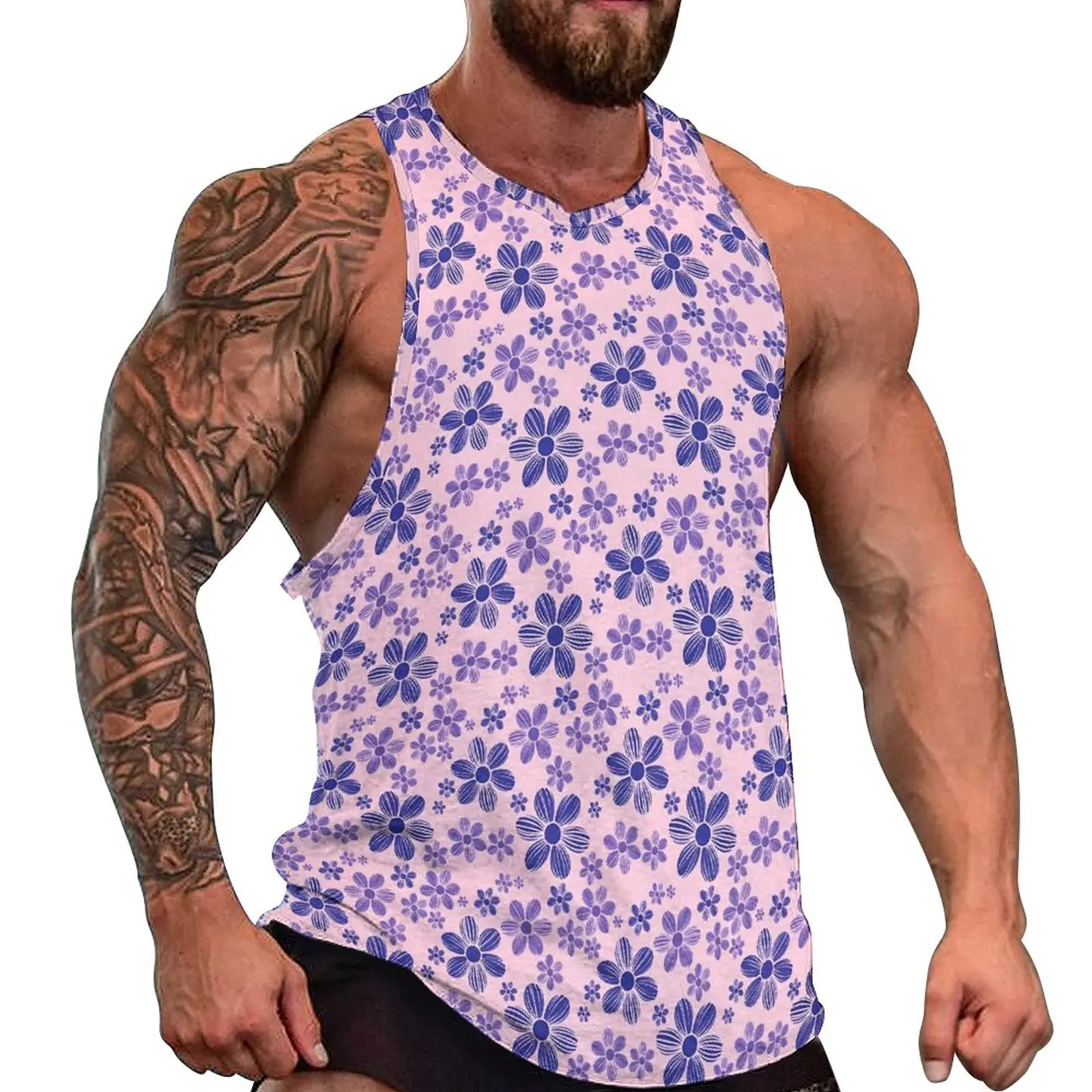 

Purple Daisy Beach Tank Top Retro Floral Print Workout Tops Mens Printed Trendy Sleeveless Shirts 3XL 4XL 5XL