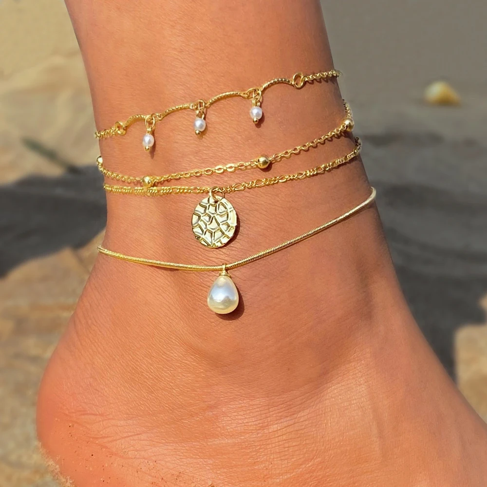 

EN Vintage Pearl Tassel Female Anklet Barefoot Crochet Sandals Foot Jewelry New Geometric Round Ankle Bracelet Female Leg Chain